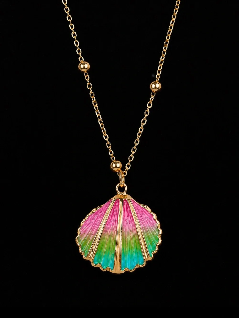 “Ombre Scallop Shell” Rainbow Bivalve Clam Oyster Gold-Dipped Mermaid Necklace